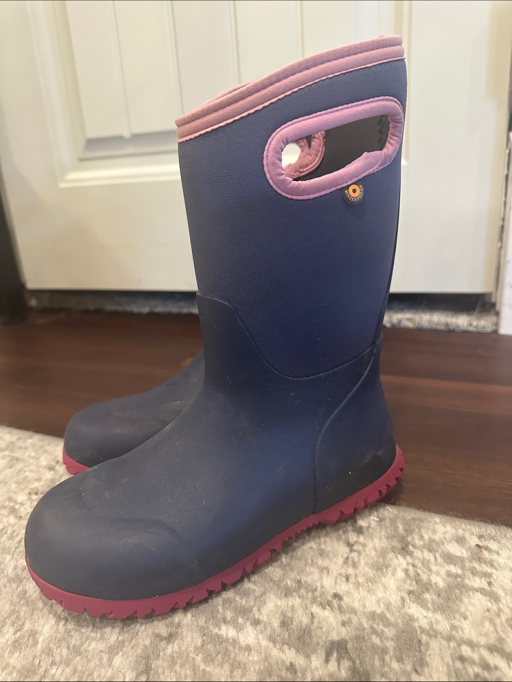 Bogs insulated Navy and Pink Kids Rain Boots with Handle